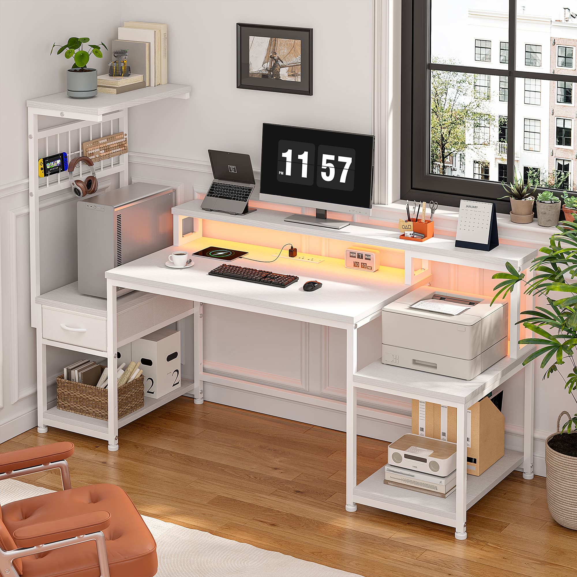 Office Furniture Plan - EnHomee 55インチ LED ゲーミングコンピューターデスク、電源コンセント付き、人間工学に基づいたオフィスデスク、モニタースタンド、引き出しと3つの収納棚付き、金属フレームの学習デスク、フック付き、ホームオフィス、寝室用