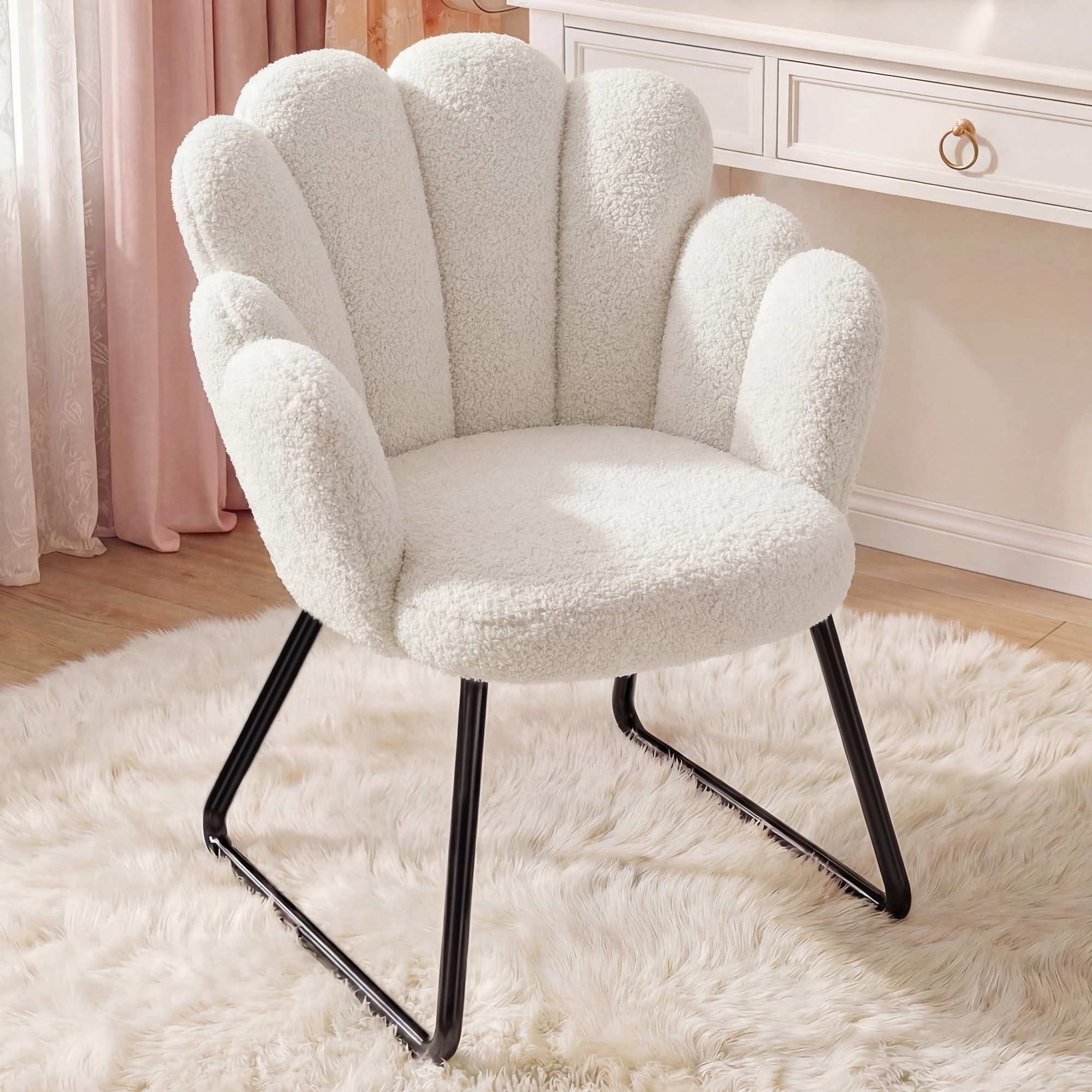 Office X Furniture - EnHomee テディフリースアクセントチェア、かわいい花びら型の背もたれ付きバニティチェア、スレッドメタルベース付き、ホイールなしレジャーデスクチェア、寝室、リビングルーム、メイクアップルーム、ホームオフィス用の多目的待合椅子