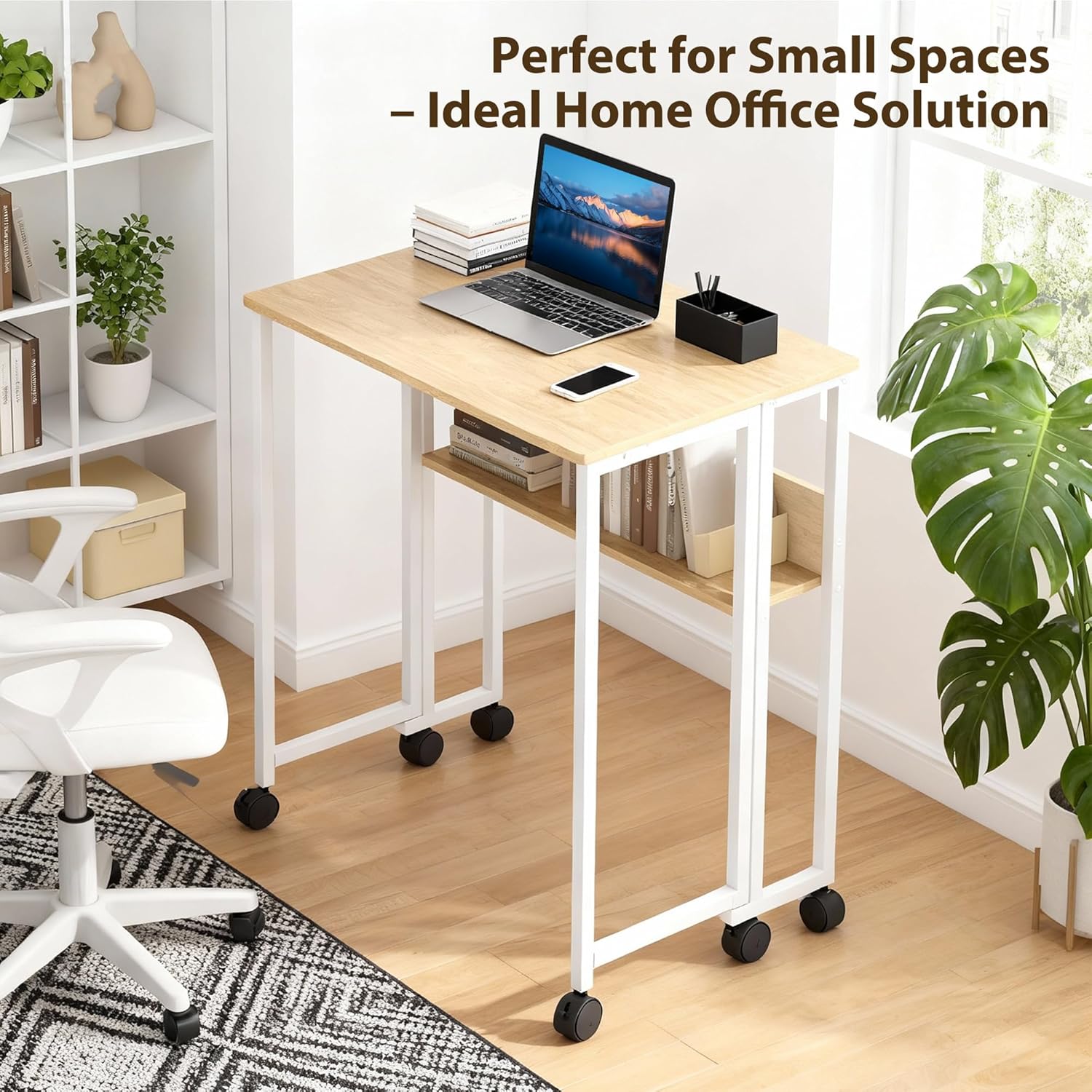 Office X Furniture - 収納棚付き折りたたみデスク、63 x 50cmの車輪付きローリングデスク、ホームオフィス用コンピューターテーブル、簡単な組み立て、省スペース