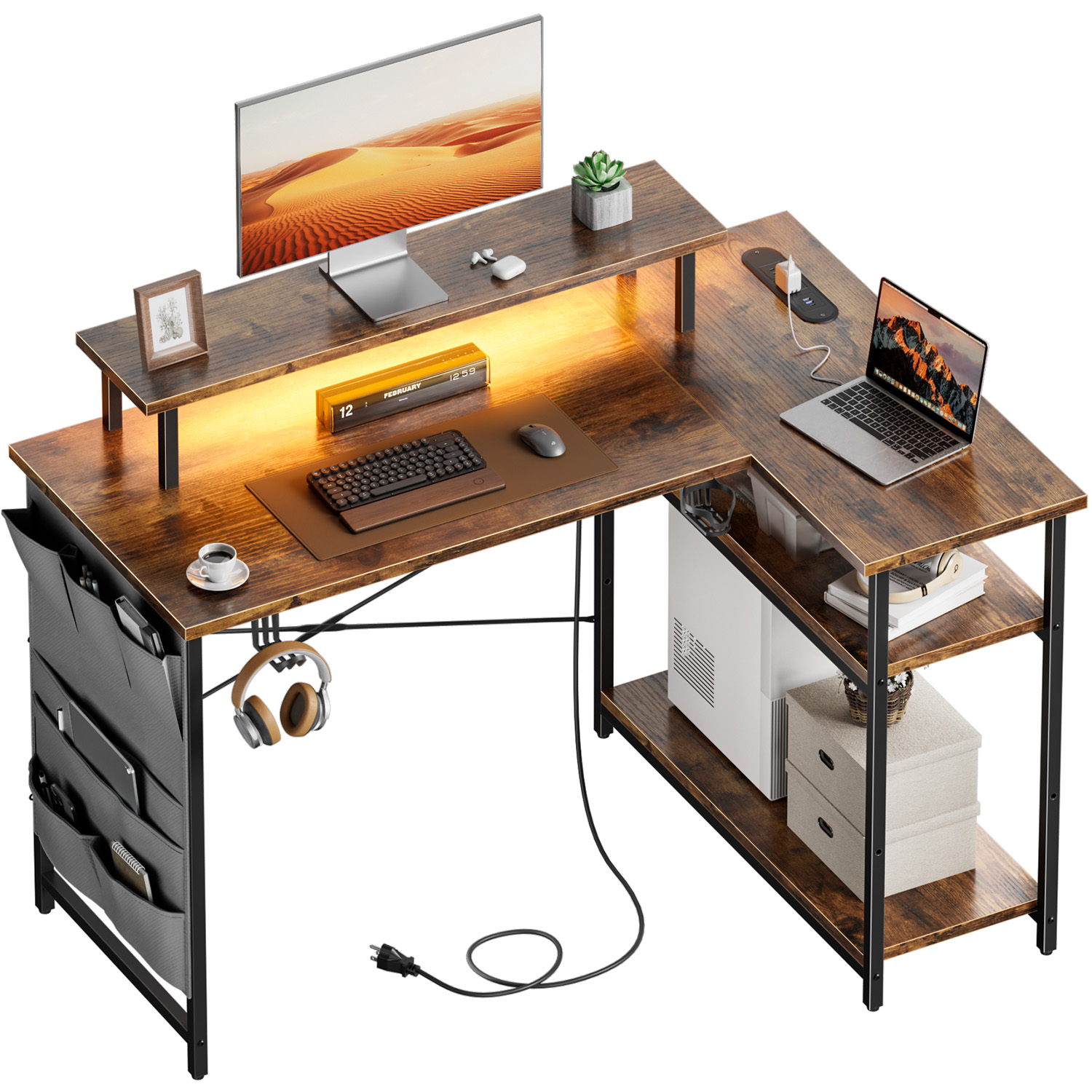 Office Furniture Plan - L字型のコンピューターデスク。電源コンセントとLED照明、人間工学に基づいたモニタースタンド、サイド収納ポケット、取り外し可能な棚、頑丈なX字型の金属フレームを備えたコーナーゲーミングデスク。ホームオフィスに最適で、複数の色が選べます。