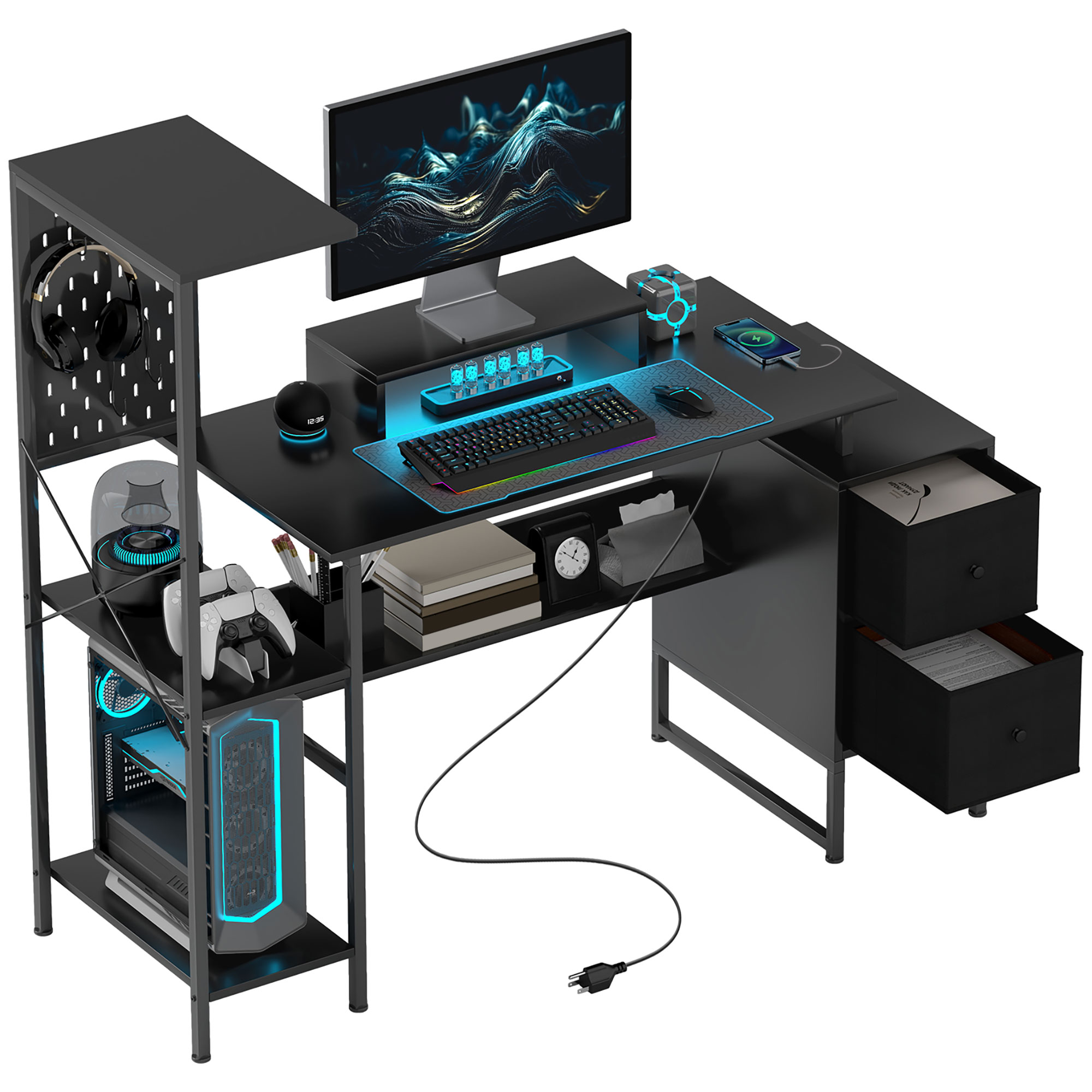 Office Furniture Plan - Homcom 56インチ ゲーミングデスク 電源コンセントとLEDライト付き、モニタースタンド付きコンピューターデスク、2つのCPUスタンド付きコンピューターテーブル、収納棚、布製引き出し、ホームオフィス用ペグボード、ブラック
